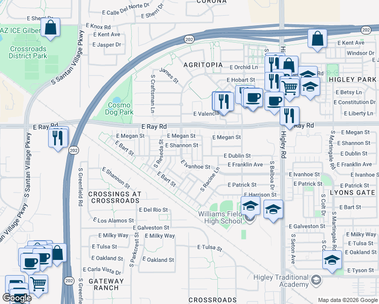 map of restaurants, bars, coffee shops, grocery stores, and more near 1712 South Rockwell Street in Gilbert