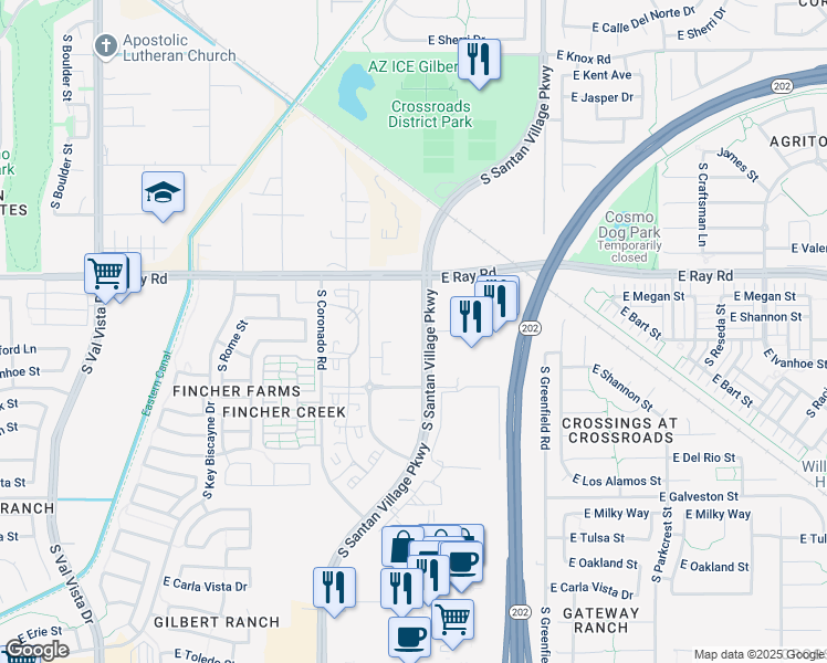 map of restaurants, bars, coffee shops, grocery stores, and more near 1800 Santan Village Pkwy in Gilbert
