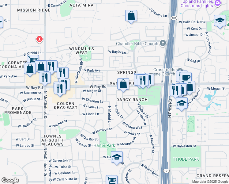 map of restaurants, bars, coffee shops, grocery stores, and more near 952 North Sicily Drive in Chandler