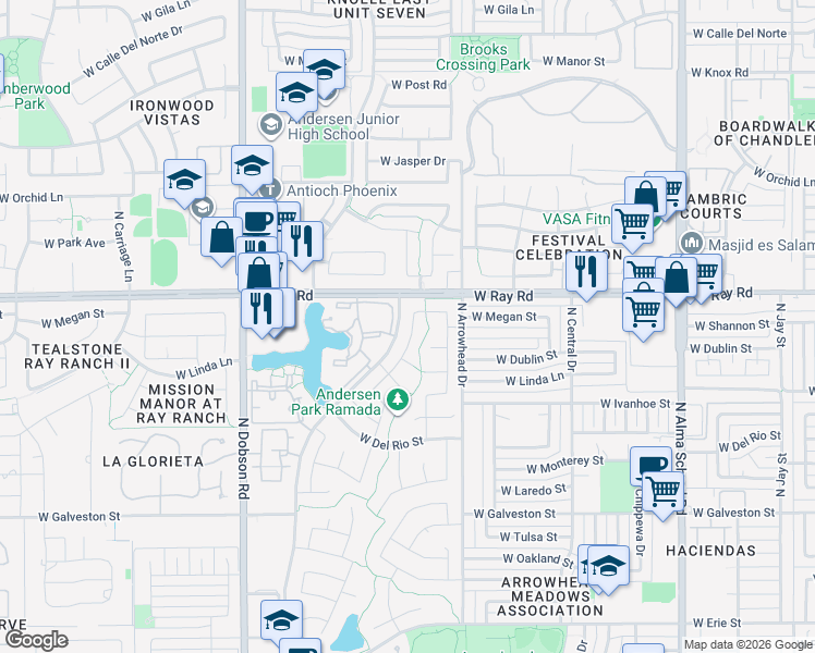map of restaurants, bars, coffee shops, grocery stores, and more near 944 North Cholla Street in Chandler