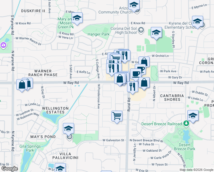 map of restaurants, bars, coffee shops, grocery stores, and more near 5173 West Megan Street in Chandler