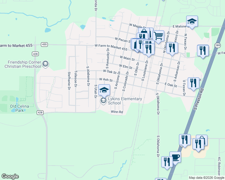 map of restaurants, bars, coffee shops, grocery stores, and more near 513 South Arizona Drive in Celina