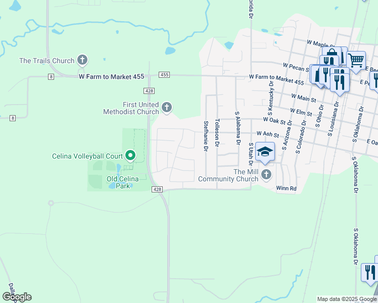map of restaurants, bars, coffee shops, grocery stores, and more near 1114 Joshua Tree Lane in Celina