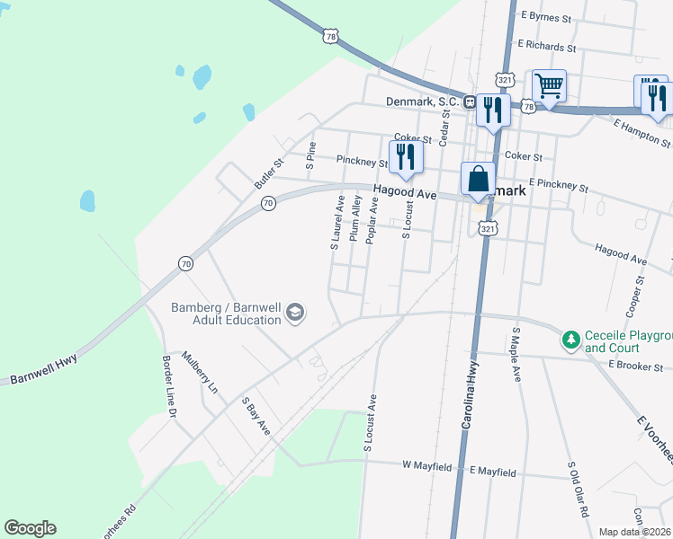 map of restaurants, bars, coffee shops, grocery stores, and more near 413 South Laurel Avenue in Denmark