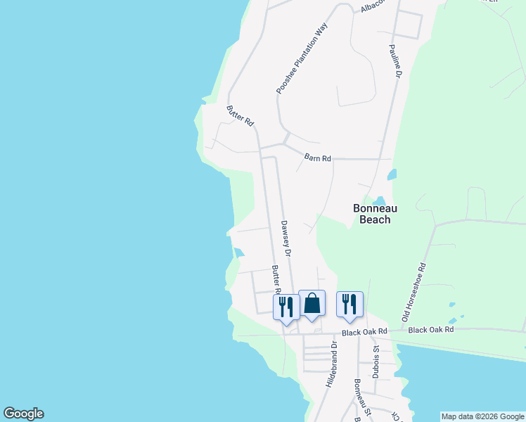 map of restaurants, bars, coffee shops, grocery stores, and more near 503 Butter Road in Bonneau