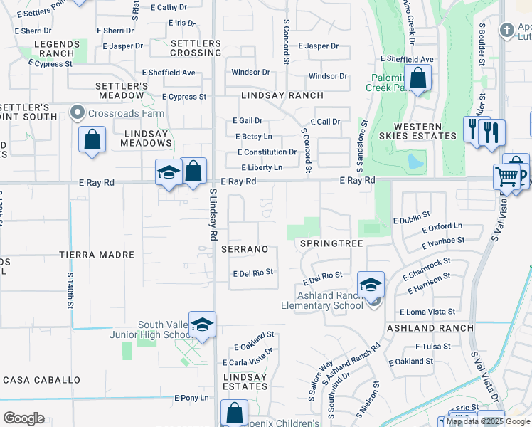 map of restaurants, bars, coffee shops, grocery stores, and more near 955 East Ray Road in Gilbert