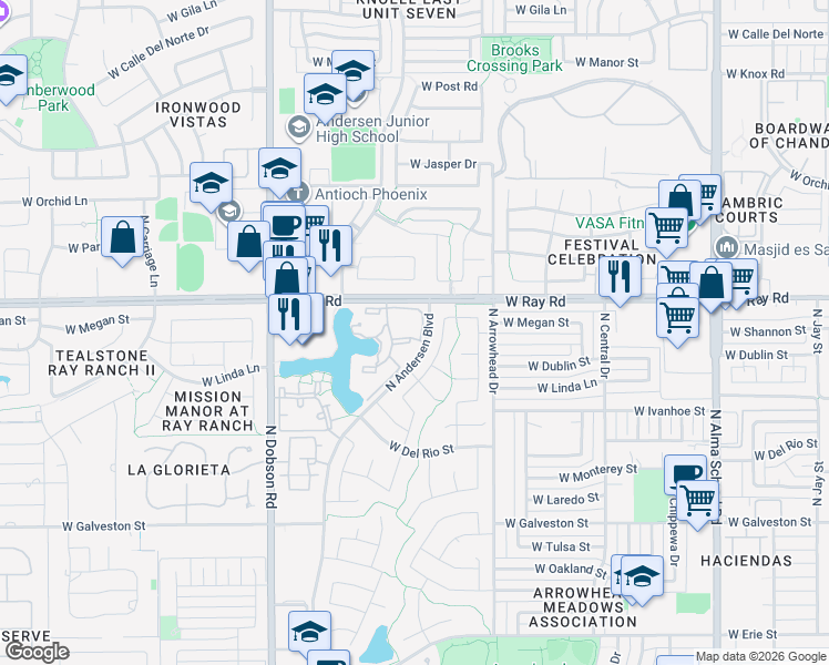 map of restaurants, bars, coffee shops, grocery stores, and more near 1825 West Ray Road in Chandler