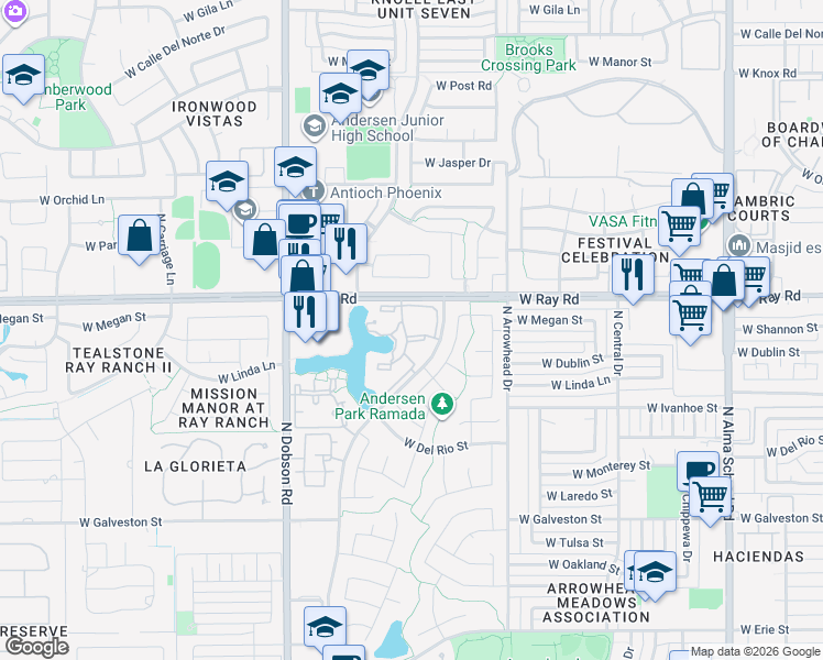 map of restaurants, bars, coffee shops, grocery stores, and more near 1825 West Ray Road in Chandler