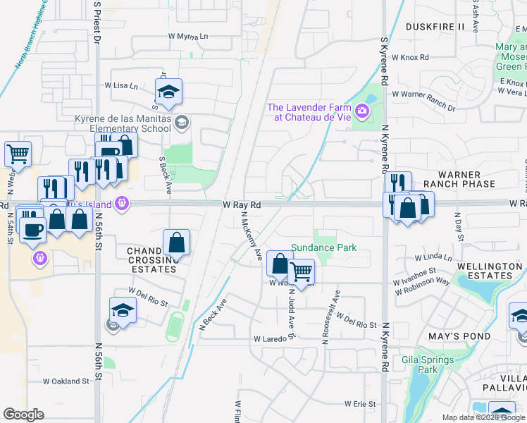 map of restaurants, bars, coffee shops, grocery stores, and more near 6410 West Megan Court in Chandler