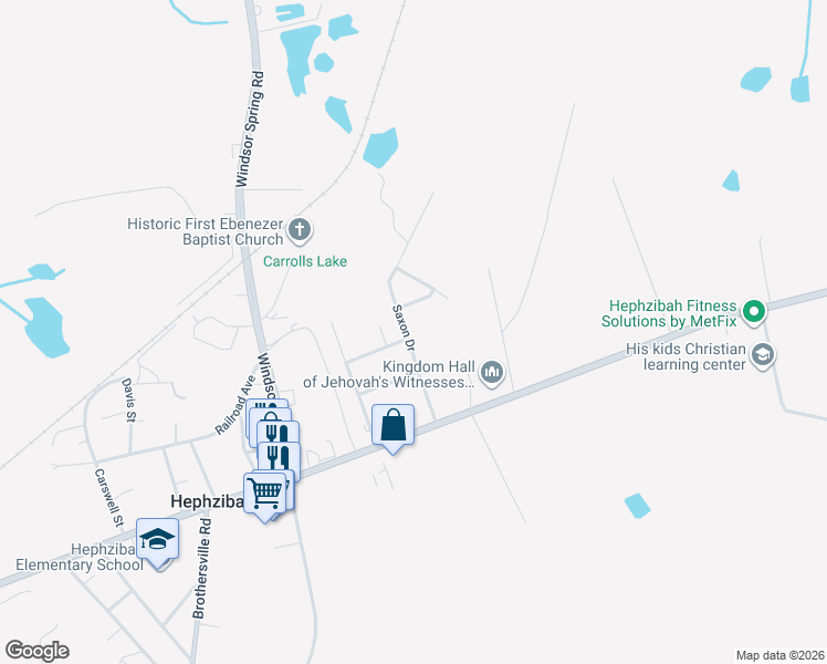 map of restaurants, bars, coffee shops, grocery stores, and more near 4378 Saxon Drive in Hephzibah