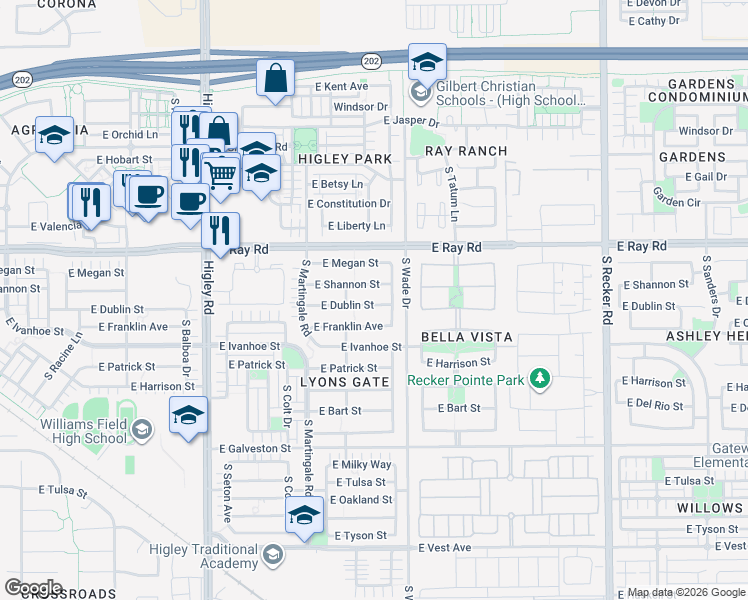 map of restaurants, bars, coffee shops, grocery stores, and more near 3532 East Dublin Street in Gilbert