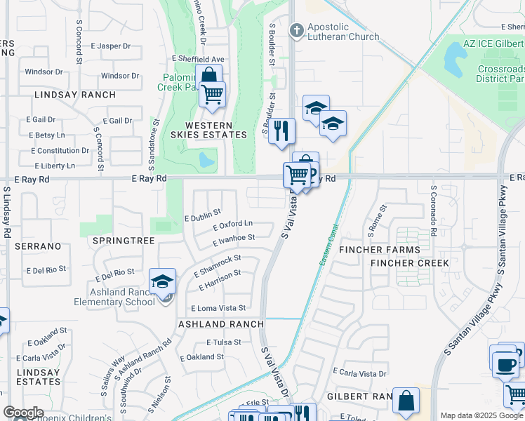 map of restaurants, bars, coffee shops, grocery stores, and more near 1513 East Dublin Street in Gilbert