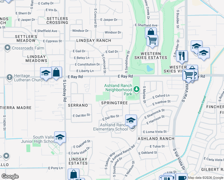 map of restaurants, bars, coffee shops, grocery stores, and more near 1115 East Shannon Street in Gilbert
