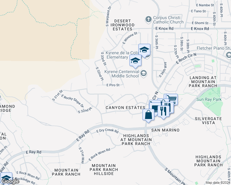 map of restaurants, bars, coffee shops, grocery stores, and more near 3424 East Squawbush Place in Phoenix
