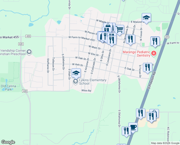 map of restaurants, bars, coffee shops, grocery stores, and more near 509 South Colorado Street in Celina