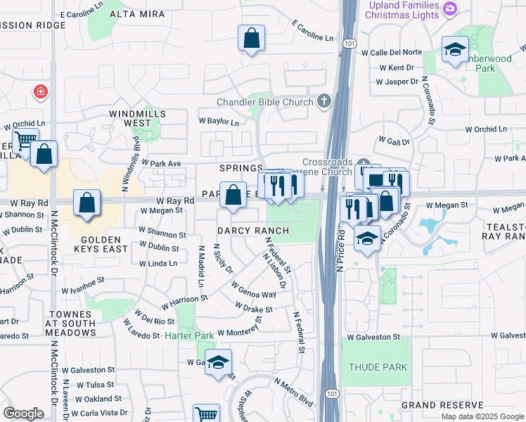 map of restaurants, bars, coffee shops, grocery stores, and more near 971 North Florence Drive in Chandler