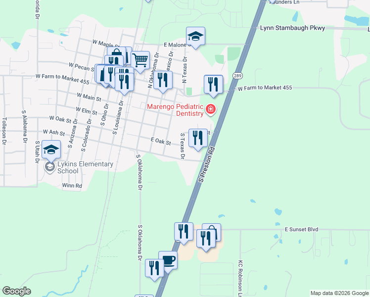 map of restaurants, bars, coffee shops, grocery stores, and more near 402 South Texas Drive in Celina