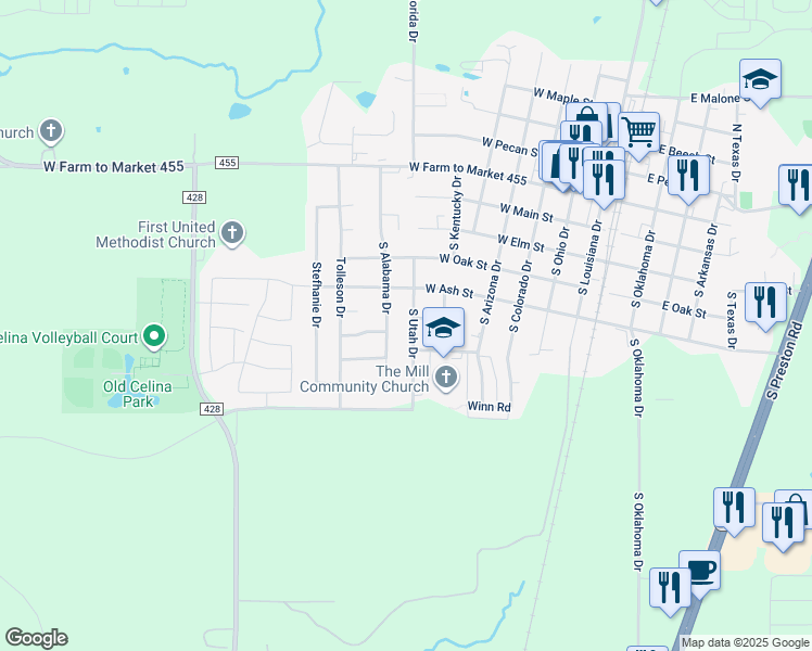 map of restaurants, bars, coffee shops, grocery stores, and more near 517 South Utah Drive in Celina