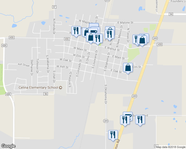 map of restaurants, bars, coffee shops, grocery stores, and more near 112 Texas 289 Business in Celina
