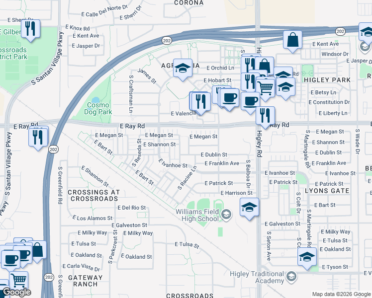 map of restaurants, bars, coffee shops, grocery stores, and more near 1704 South Roles Drive in Gilbert