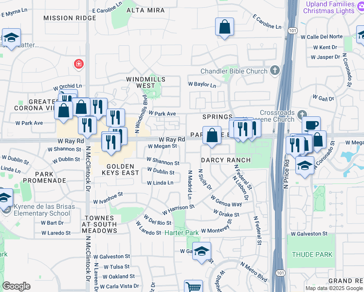 map of restaurants, bars, coffee shops, grocery stores, and more near 961 North Kenwood Lane in Chandler