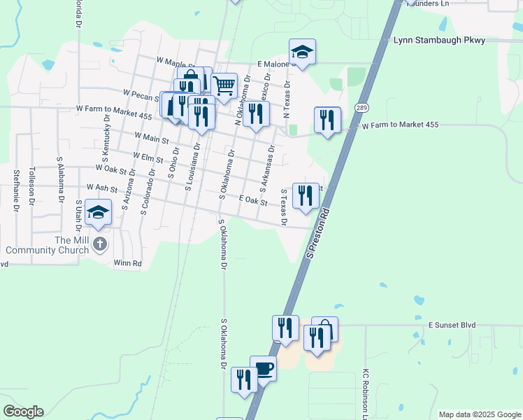 map of restaurants, bars, coffee shops, grocery stores, and more near 404 South Arkansas Drive in Celina