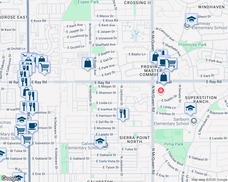 map of restaurants, bars, coffee shops, grocery stores, and more near 756 East Shannon Street in Chandler