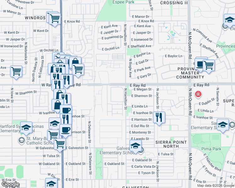 map of restaurants, bars, coffee shops, grocery stores, and more near 555 East Ray Road in Chandler
