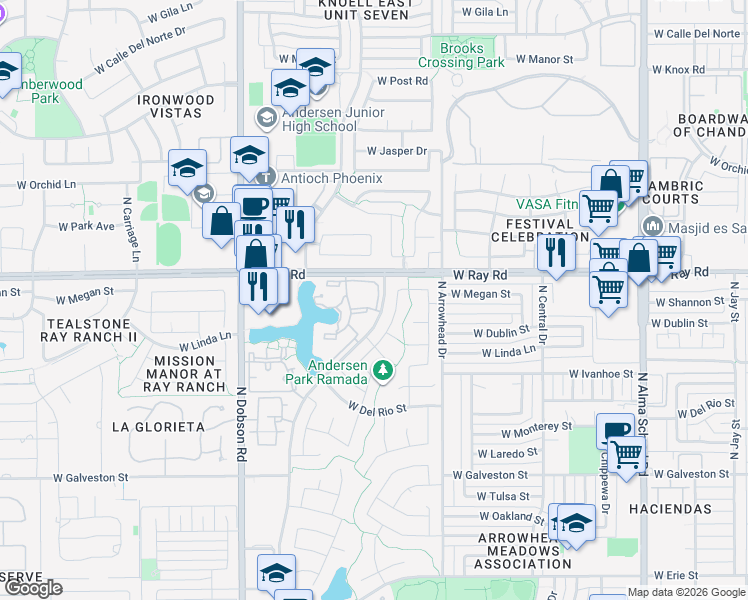 map of restaurants, bars, coffee shops, grocery stores, and more near 944 North Cholla Street in Chandler