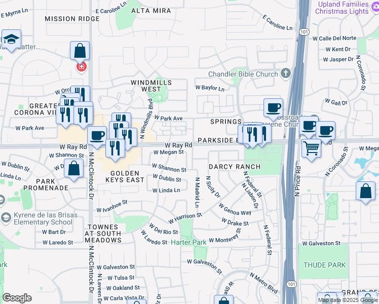 map of restaurants, bars, coffee shops, grocery stores, and more near 961 North Kenwood Lane in Chandler