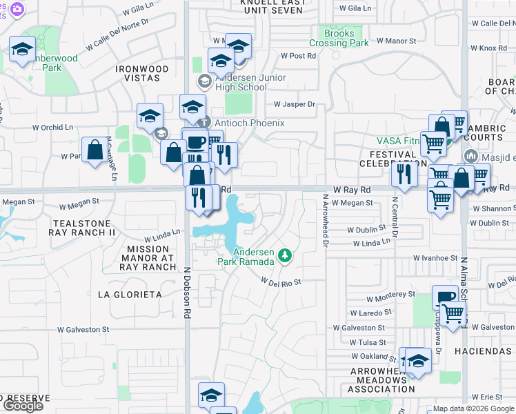 map of restaurants, bars, coffee shops, grocery stores, and more near 1825 West Ray Road in Chandler