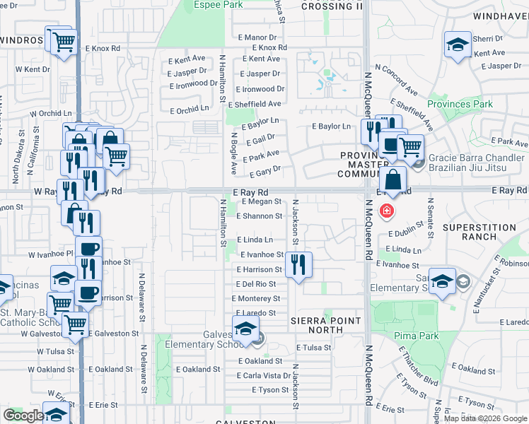 map of restaurants, bars, coffee shops, grocery stores, and more near 692 East Shannon Street in Chandler