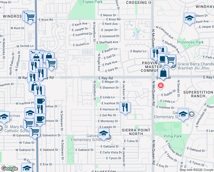 map of restaurants, bars, coffee shops, grocery stores, and more near 692 East Shannon Street in Chandler