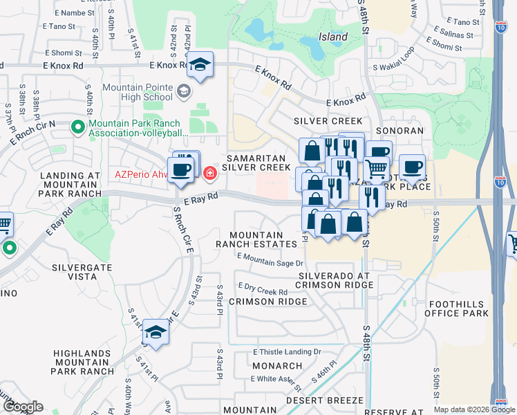 map of restaurants, bars, coffee shops, grocery stores, and more near 4442 East Desert Willow Road in Phoenix