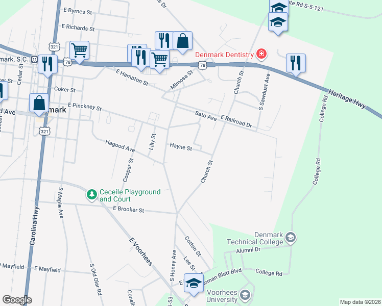map of restaurants, bars, coffee shops, grocery stores, and more near 105 Hayne Street in Denmark
