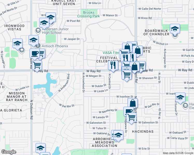 map of restaurants, bars, coffee shops, grocery stores, and more near 1409 West Megan Street in Chandler