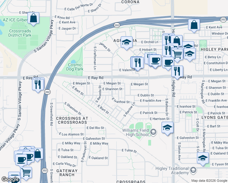 map of restaurants, bars, coffee shops, grocery stores, and more near 1712 South Rockwell Street in Gilbert