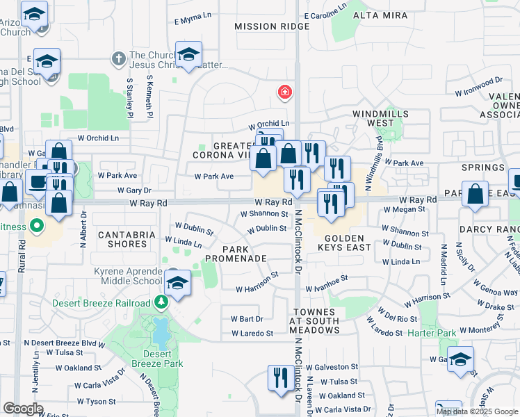 map of restaurants, bars, coffee shops, grocery stores, and more near 4124 West Shannon Street in Chandler