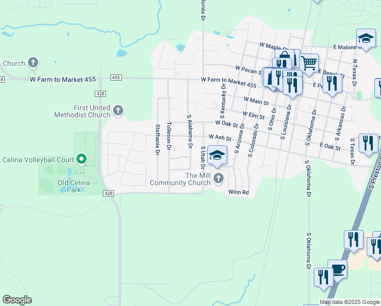 map of restaurants, bars, coffee shops, grocery stores, and more near 518 South Alabama Drive in Celina