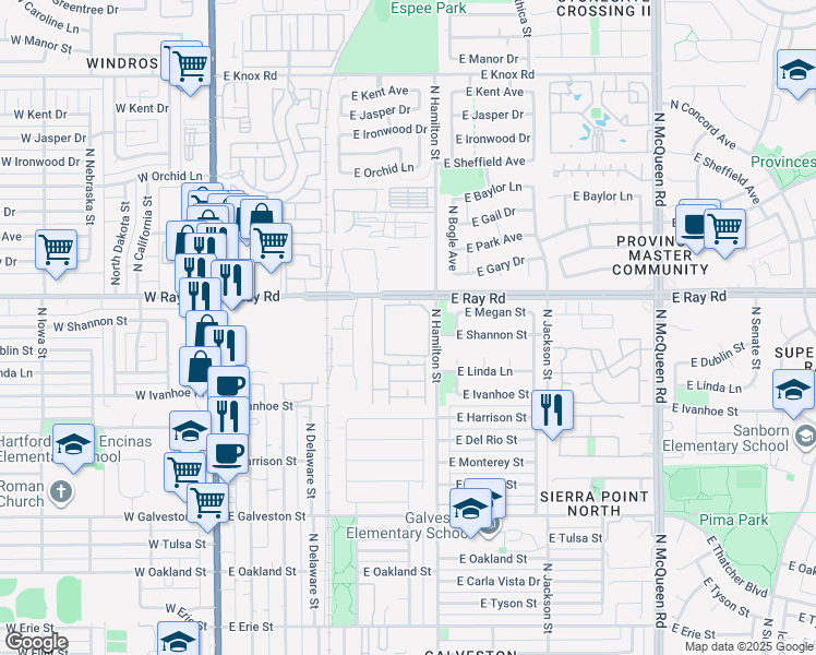 map of restaurants, bars, coffee shops, grocery stores, and more near 555 East Ray Road in Chandler