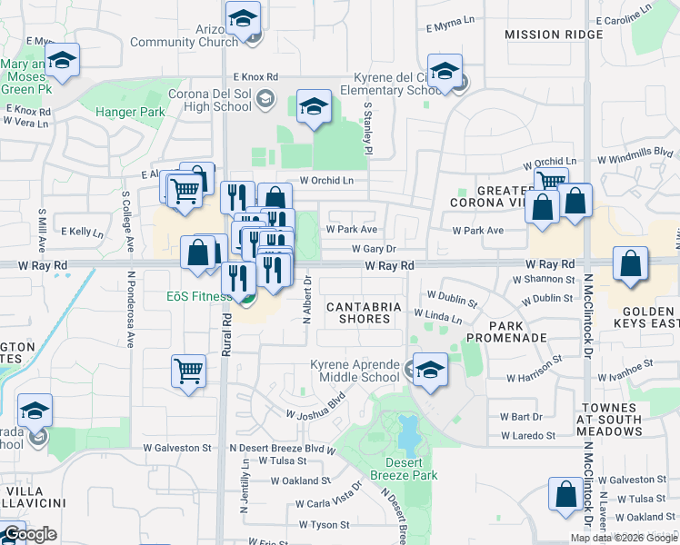 map of restaurants, bars, coffee shops, grocery stores, and more near 4656 West Shannon Street in Chandler