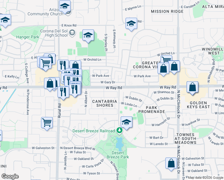 map of restaurants, bars, coffee shops, grocery stores, and more near 4578 West Shannon Street in Chandler