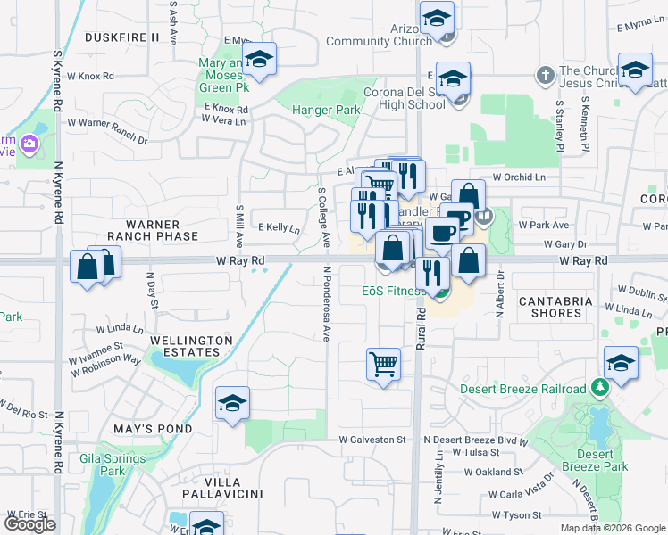 map of restaurants, bars, coffee shops, grocery stores, and more near 998 North Bradley Drive in Chandler