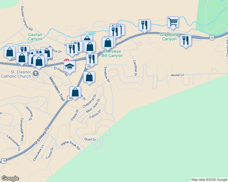 map of restaurants, bars, coffee shops, grocery stores, and more near 110 Blue Bird Lane in Ruidoso