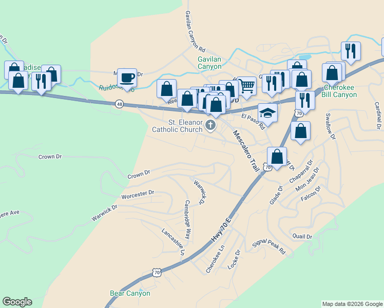 map of restaurants, bars, coffee shops, grocery stores, and more near 131-299 Dipaolo Drive in Ruidoso