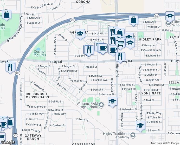 map of restaurants, bars, coffee shops, grocery stores, and more near 2979 East Shannon Street in Gilbert