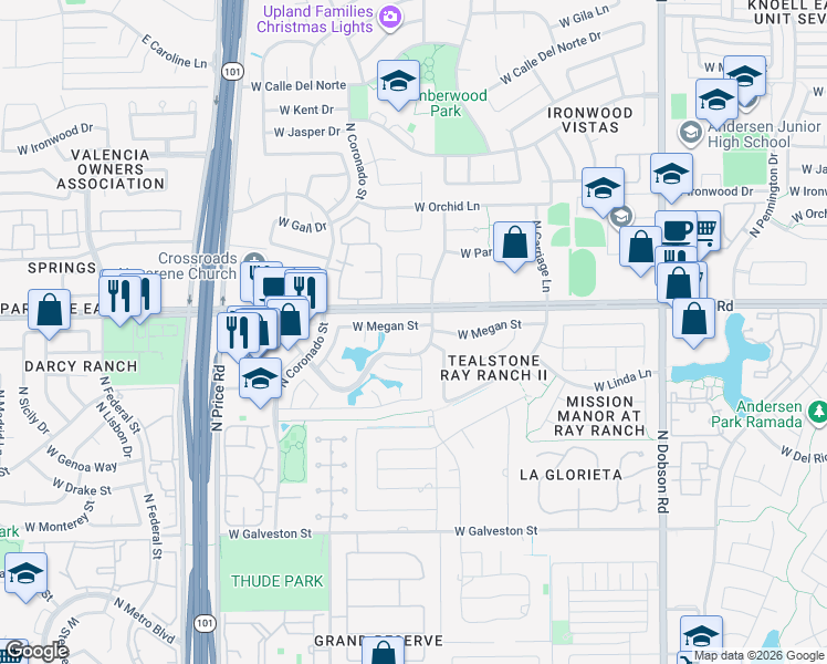 map of restaurants, bars, coffee shops, grocery stores, and more near 2601 West Megan Street in Chandler