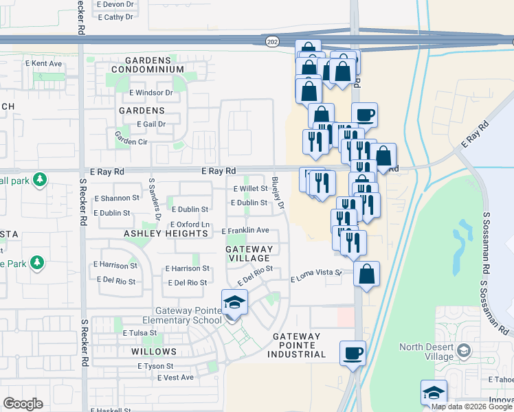 map of restaurants, bars, coffee shops, grocery stores, and more near 4509 East Dublin Street in Gilbert