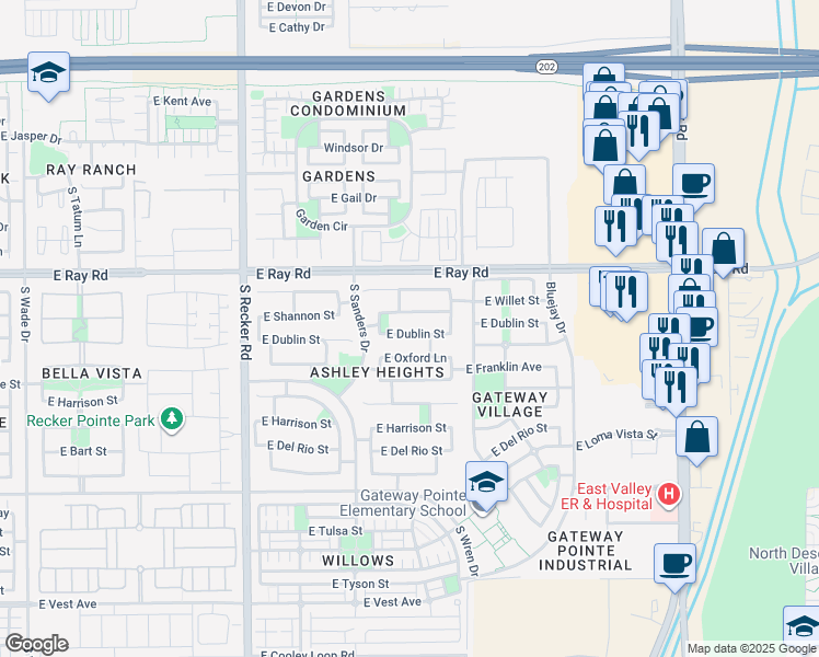 map of restaurants, bars, coffee shops, grocery stores, and more near 4266 East Dublin Street in Gilbert