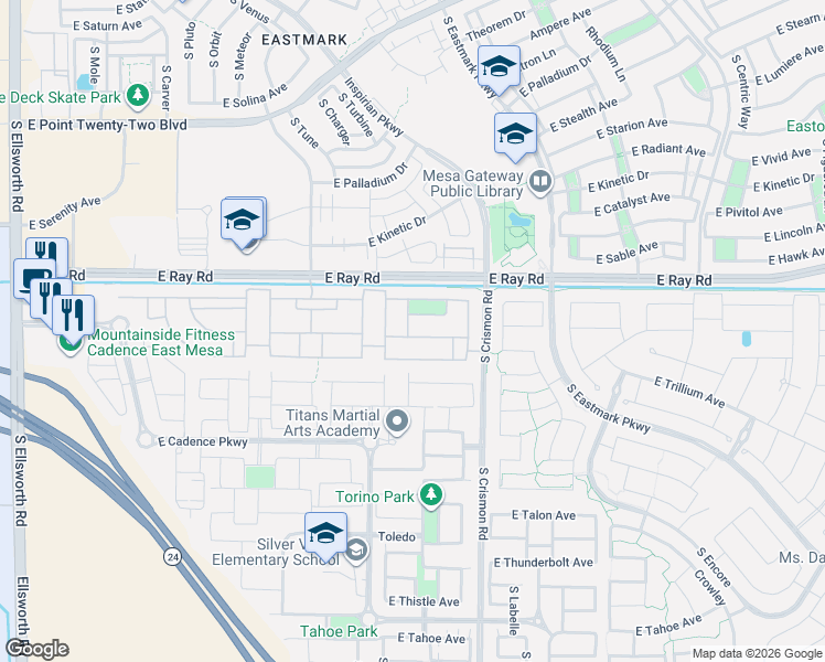map of restaurants, bars, coffee shops, grocery stores, and more near 9906 East Tungsten Drive in Mesa